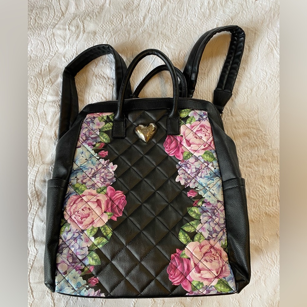 Betsy Johnson Quilted Backpack, Black/Floral Gem